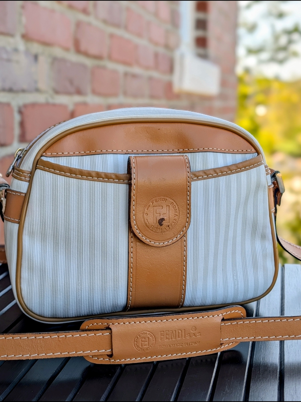 Vintage Fendi S.A.S. Roma Crossbody Camera Bag Tan Leather Beige Canvas